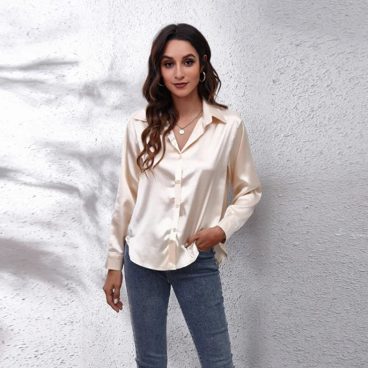 Spring Summer Long Sleeve Women's Silk Shirt Office Ladies Stain Blouses Solid Turn-down Collar Single Breasted Woman Shirts