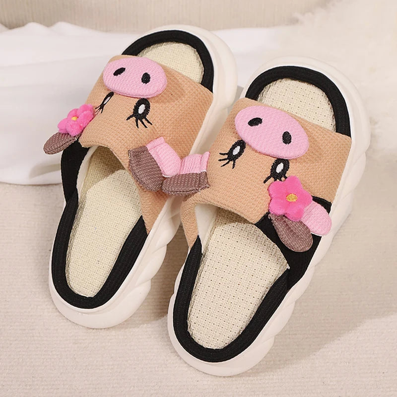 Cute Cow Thick Bottom Linen Slippers Women 2024 Winter Comfort Home Cotton Slippers Woman Flat Heels Non Slip Indoor Shoes Slide