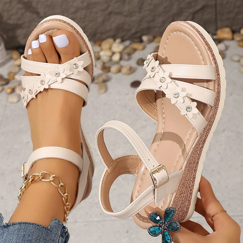 Fashion Flower Decor Women's Wedges Sandals 2024 Summer Ankle Strap Platform Sandles Woman Non Slip Casual Beach Sandalias Mujer