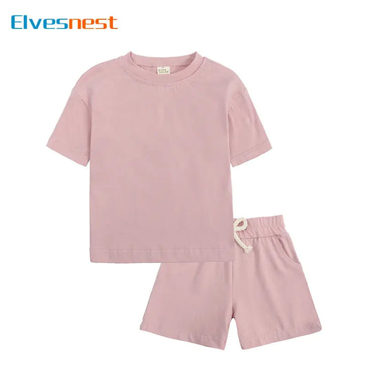 Fashion Solid Color Kids Clothes Girls Outfit Summer Baby Boys Clothes Sets Cotton Short Sleeve Tops+Shorts Children Clothing