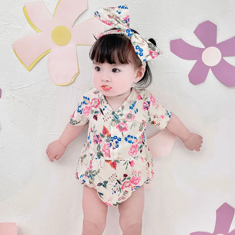 Floral Print Newborn Clothes Girl Bodysuits Scarf 2 PCS Cotton Short Sleeve Baby Bodysuits Summer Infant Bodysuits 1-3 Years