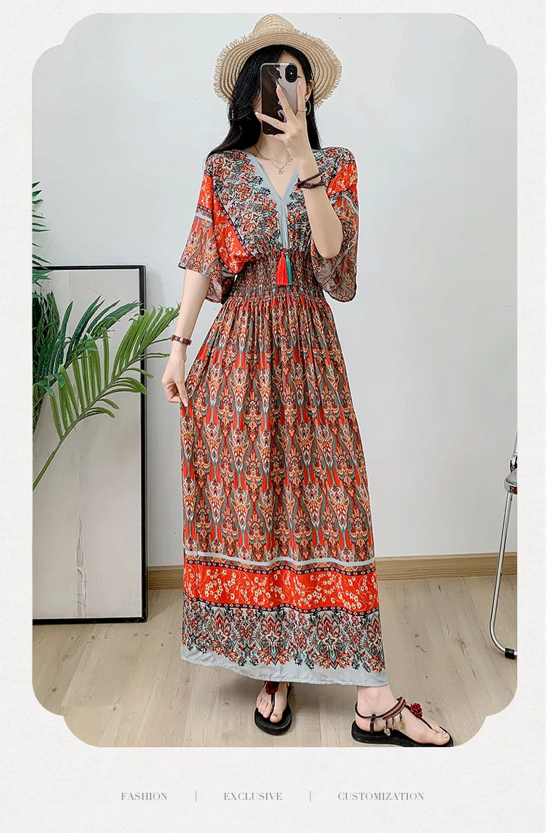 Print Floral Short Sleeve Maxi Dress Women Dresses Summer Spring V-neck Fashion Female Vintage Poplin Bohemian Beach Dresses