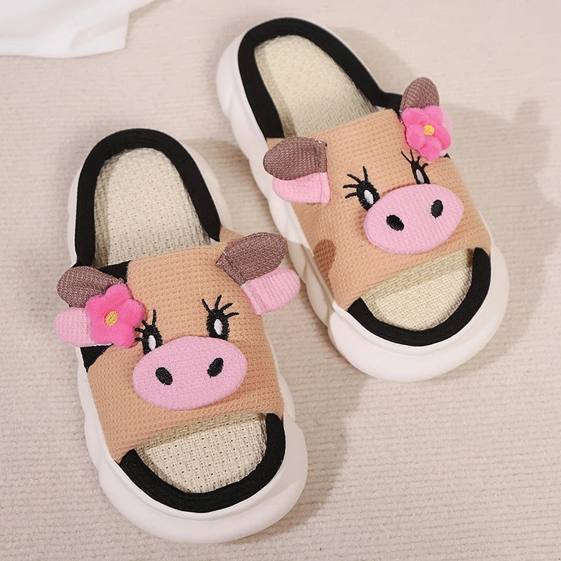 Cute Cow Thick Bottom Linen Slippers Women 2024 Winter Comfort Home Cotton Slippers Woman Flat Heels Non Slip Indoor Shoes Slide