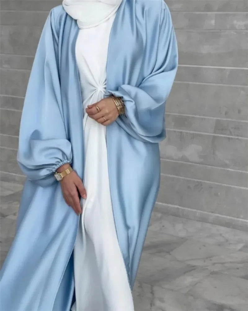 Women Abayas Muslim Kaftan Puff Sleeves Lace-up Maxi Length Ramadan Dresses Jilbabs Open Front  Abayas Outwear Cardigan Coats