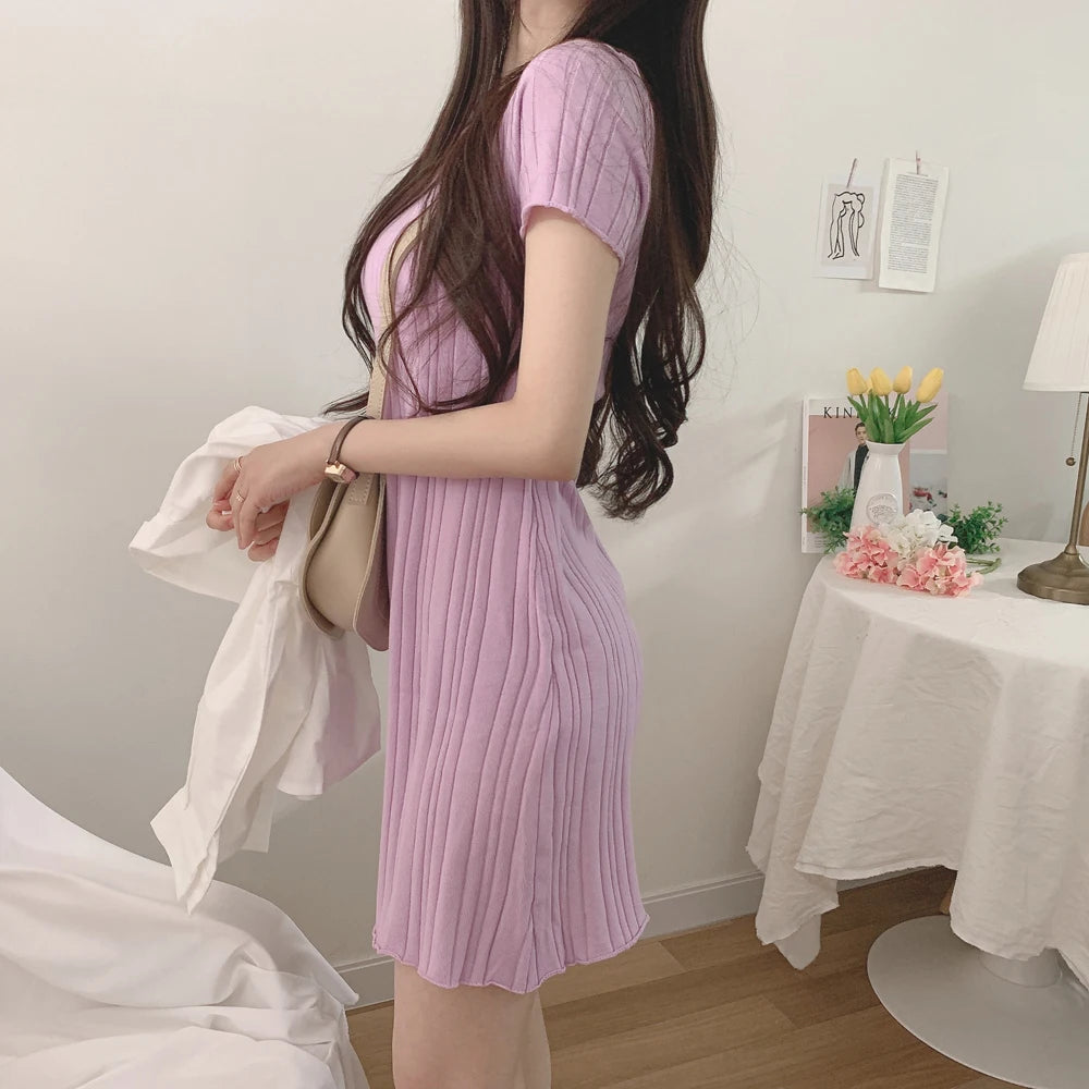 Short Sleeve Casual Knit Dress Women Mini Dresses Summer Autumn Fashion Female Elastic Skinny Package Hip Knitted Pencil Dresses