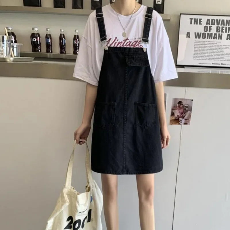 Spring Summer Black Denim Overall Dress Women Casual Sleeveless Jeans Dresses Fashion Female Loose Spaghetti Strap Dresses Girls