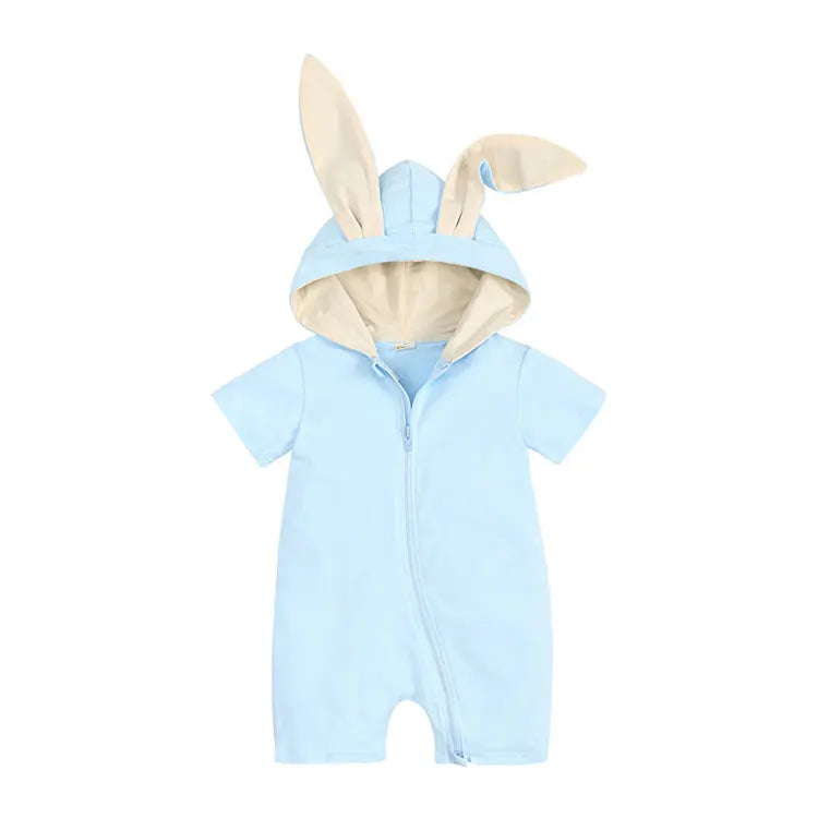 Cartoon Rabbit Girls Rompers Cotton Short Sleeve Hooded Zipper Newborn Clothes Boys Rompers Summer Baby Clothing 3-18 Months