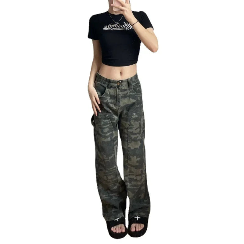 Autumn Spring Camouflage Jeans Women Denim Pants Vintage High Waist Straight Trousers Fashion Female Loose Casual Wide Leg Pants