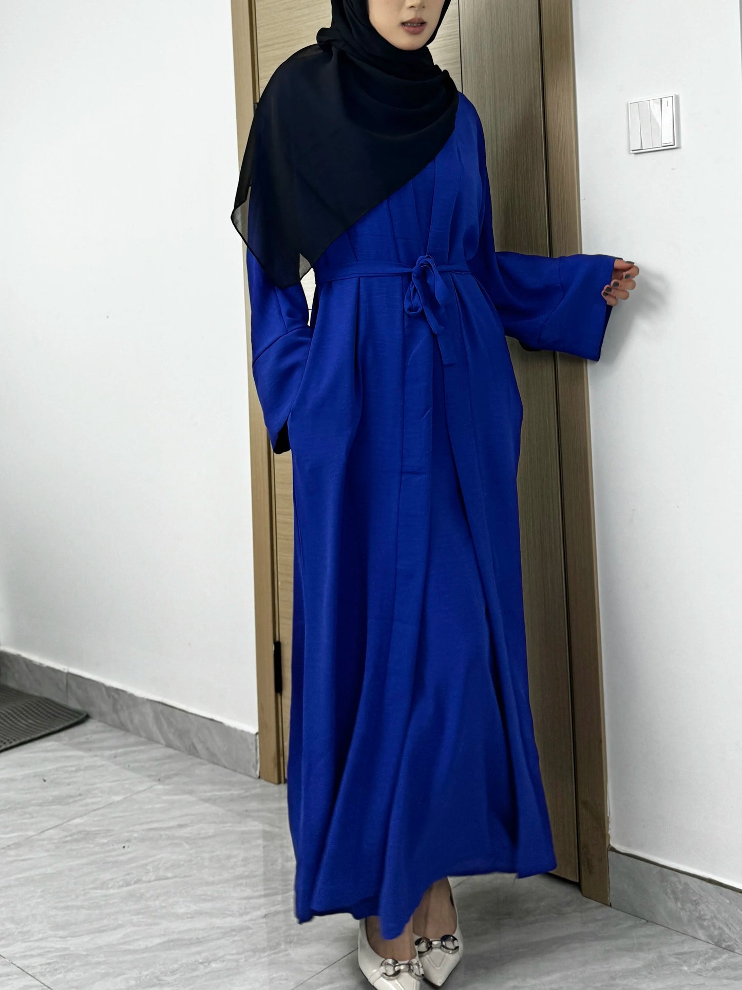 Women Open Front Abaya Muslim Sets Muslim Jilbab Loose Cardigan Coat Sleeveless Inner Dress Two Pieces Prayer Clothing with Belt