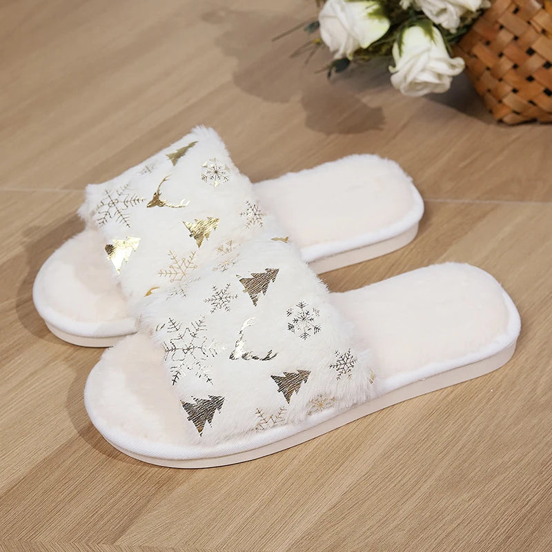 Christmas Style White Fluffy Slippers Women 2024 Winter Warm Flat Heels Home Fur Slippers Woman Non Slip Cotton House Shoes