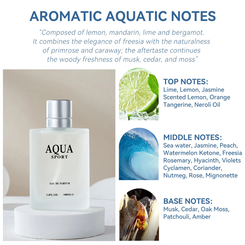 100ML 3.4FL.OZ AQUA Men's Eau de Parfum, Aquatic Aromatic Notes Perfume, Lime, Marine, Musk, Fresh Ocean Fragrance for Men