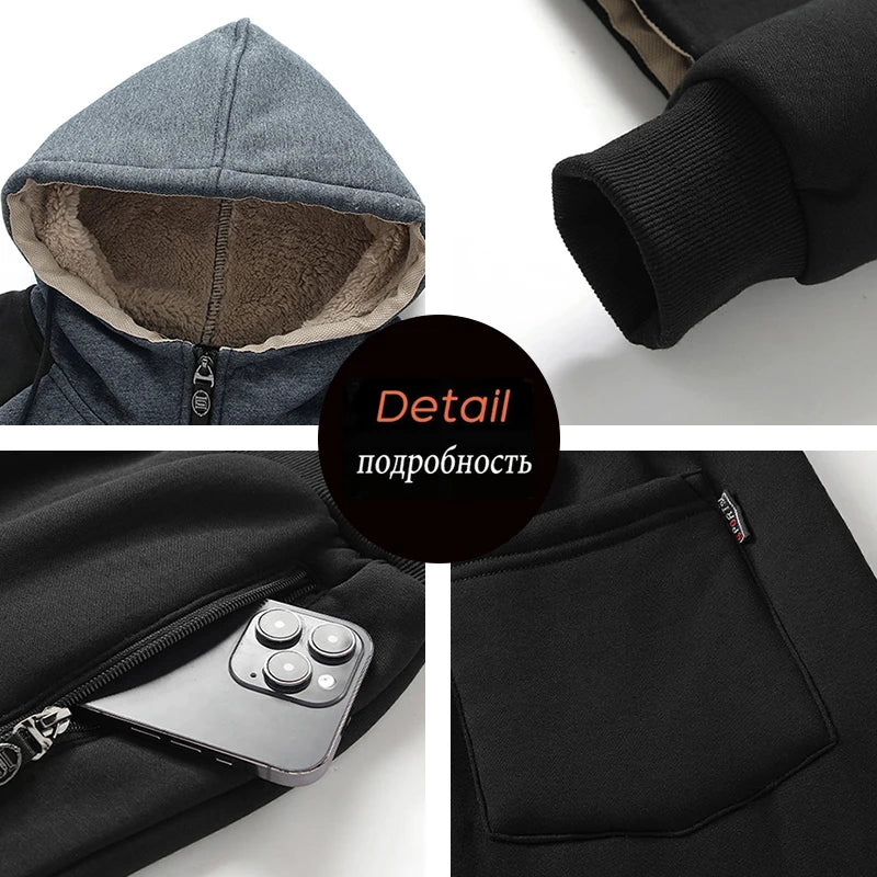 Winter Men Fleece Hooded Casual Sport Suits Man Jogger Run Outdoor Tracksuits Male Thick Sportwear Sets 2 Piece Jacket Coat Pant