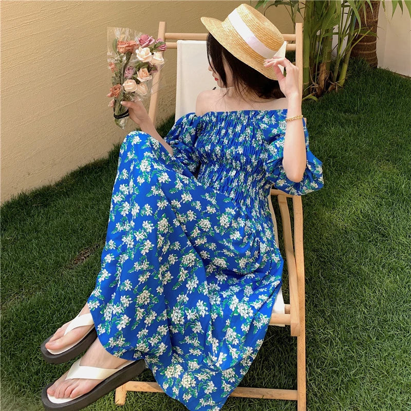 Spring Summer Dress Women Casual Dresses Off Shoulder Fashion Female Vestidos Short Sleeve Printed Floral V-neck A-line Dresses