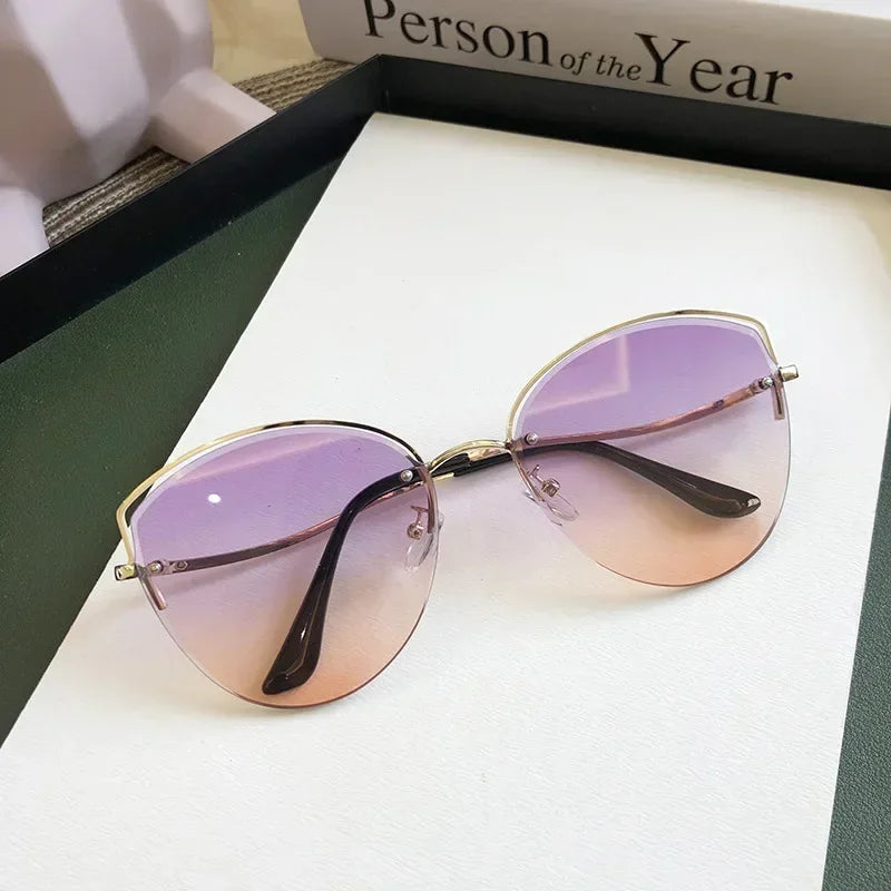 Brand Rimless Sunglasses Women Luxury Cat Eye Sun Glasses Ladies Clear Gradient Sunglass 2024 Diamond Cutting Lenes UV400