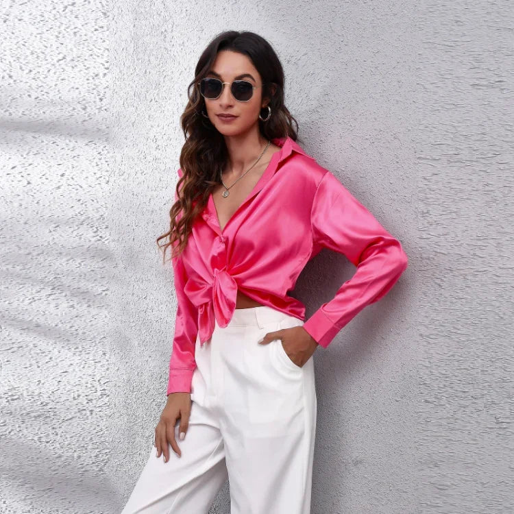 Spring Summer Long Sleeve Women's Silk Shirt Office Ladies Stain Blouses Solid Turn-down Collar Single Breasted Woman Shirts