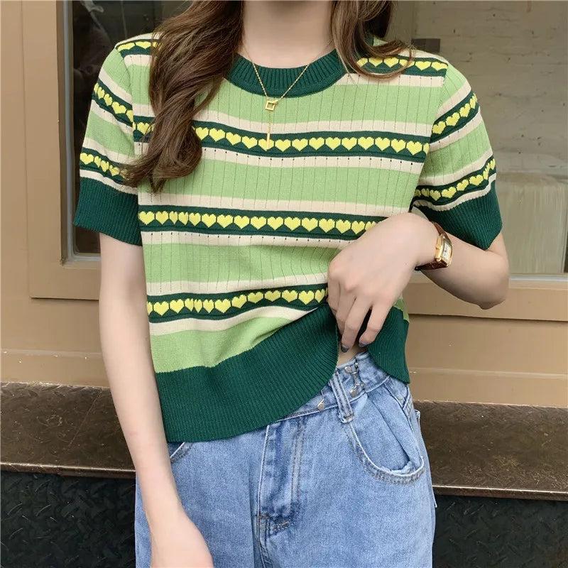 Spring Summer Women Knitted T-Shirts Striped Short Sleeve Shirts Tops Female Elastic Casual Knit Tee Crop Tops Women's T-Shirts