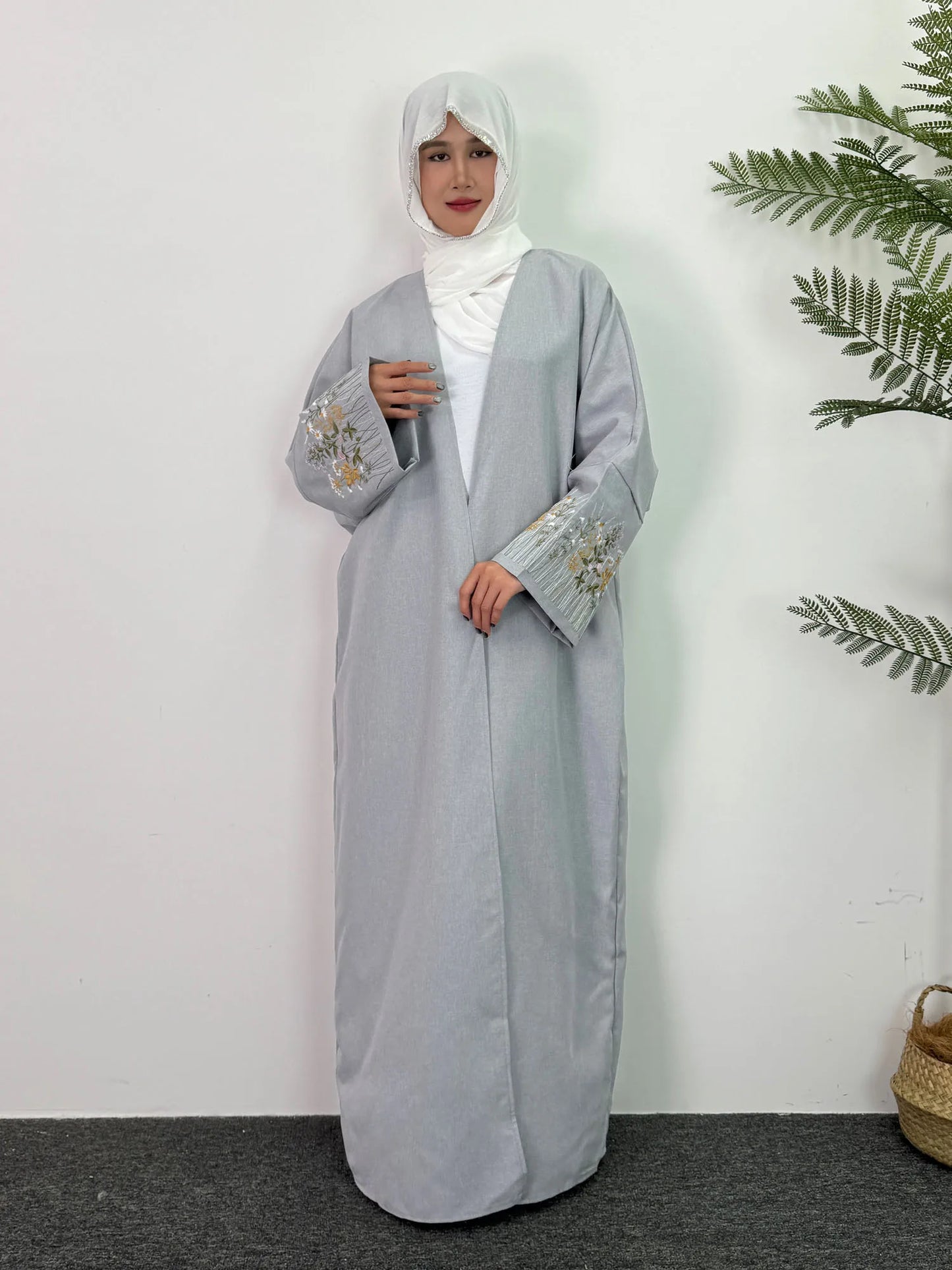 Embroidery Floral Open Front Abaya Women Maxi Length Dress Muslim Abayas Long Sleeve Kaftans Women Jilbabs Women's Clothing