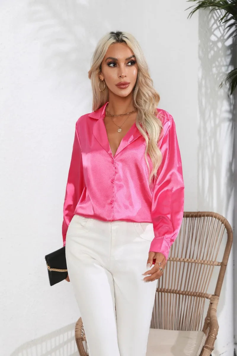 2024 Spring Summer Women Shirts Office Lady Woman Long Sleeve Satin Turn-down Collar Blouse with Single Breasted Female Blouses