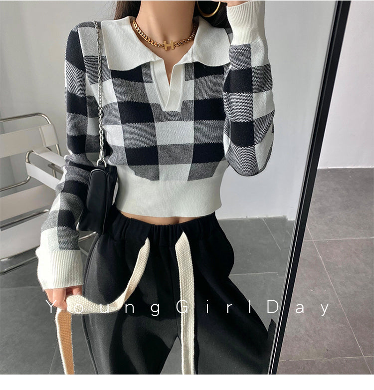 Autumn Winter Vintage Knitwear Crop Tops Women Pullover Sweaters Fashion Female Long Sleeve Elastic Casual Plaid Knitted Shirts