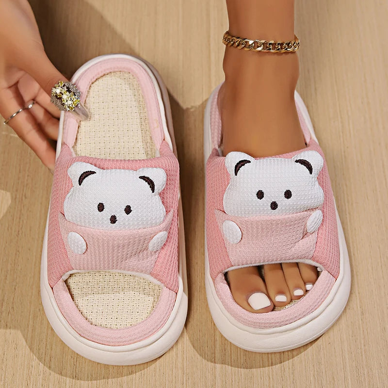 Cute Cartoon Bear Home Slippers Women 2024 Winter Comfort Soft Sole Linen Slippers Woman Non Slip Flat Heels House Shoes Slides