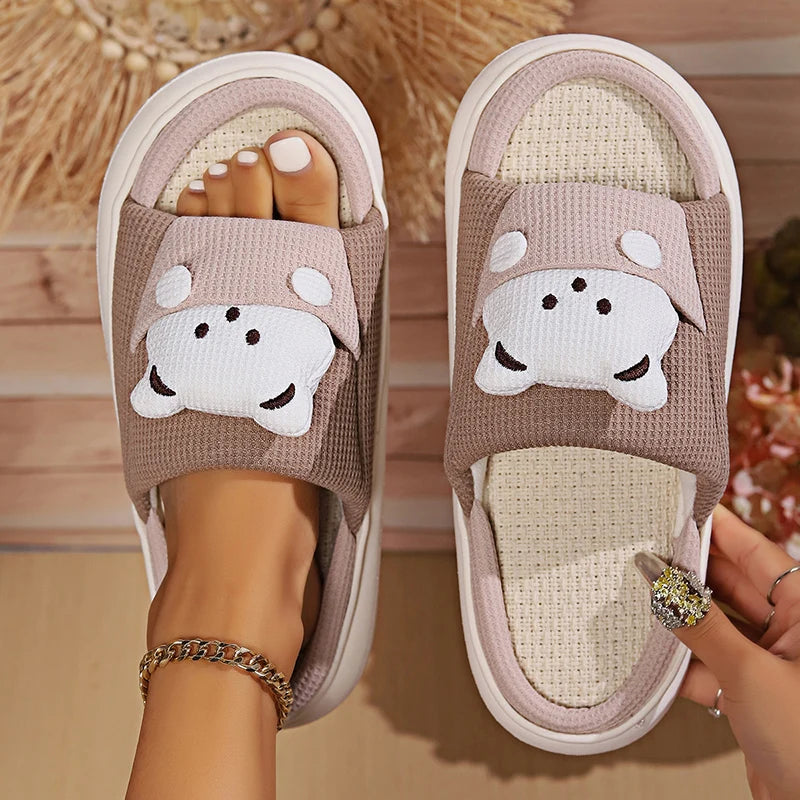 Cute Cartoon Bear Home Slippers Women 2024 Winter Comfort Soft Sole Linen Slippers Woman Non Slip Flat Heels House Shoes Slides