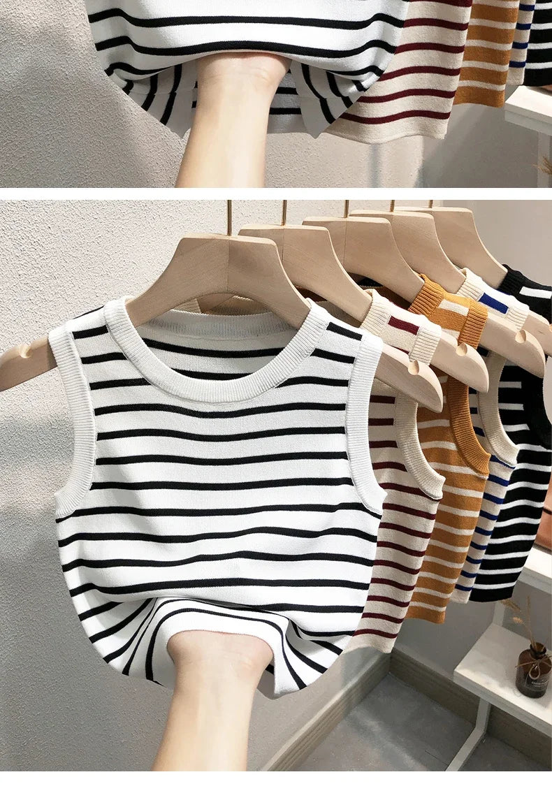 Summer Spring Striped Tank Tops Women Sleeveless Knitted T-Shirts Crop Tops Female Elastic Slim Casual Vests Pullover Camis