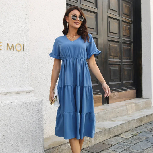 Summer Women A-Line Beach Style Solid Loose Dress with Butterfly Sleeve Casual V-neck Short Sleeve Dresses FD37970421