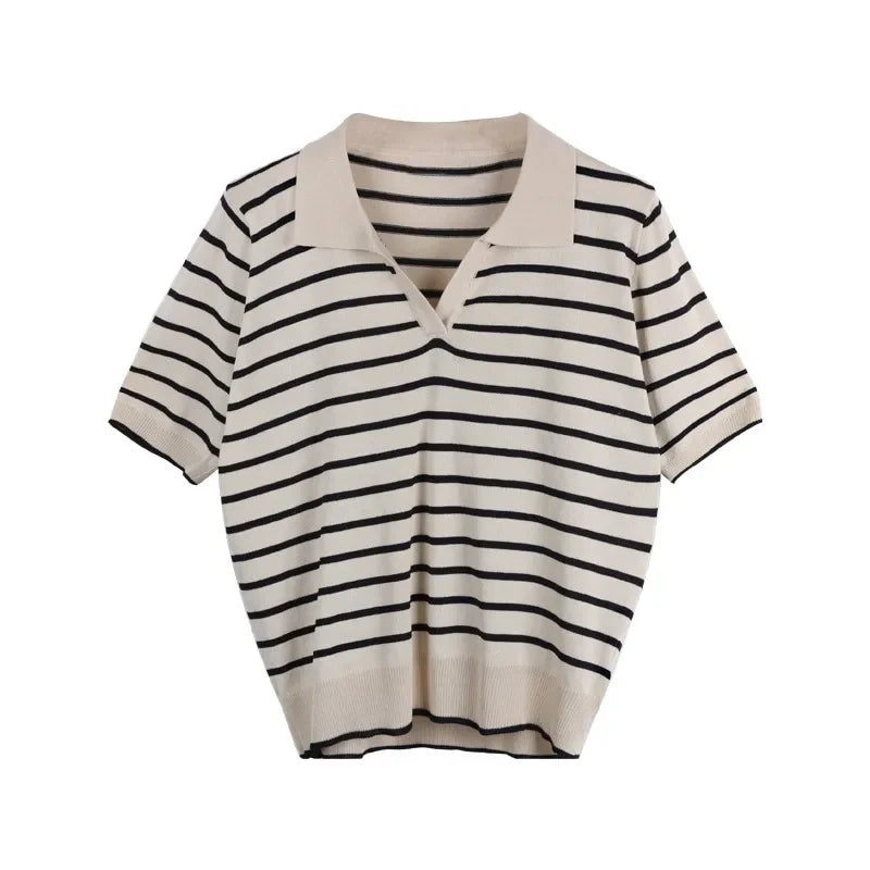 Summer Striped T-Shirt Women Knitted Shirts Pullover Tops Short Sleeve Crop Tops Female Elastic Casual Knit Tee Women's T-Shirts