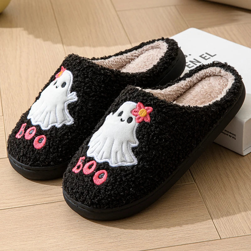 Halloween Cartoon Cotton Slippers Women 2024 Winter Warm Fluffy Fur Home Shoes Woman Flat Heels Indoor Bedroom Plush Slippers