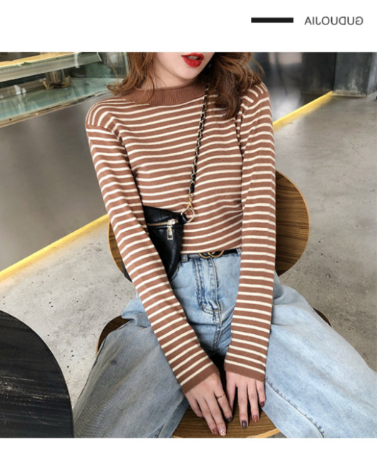 Autumn Winter Women Mock neck Sweaters Pullover Tops Fashion Female Skinny Elastic Long Sleeve Casual Striped Knitted Shirts