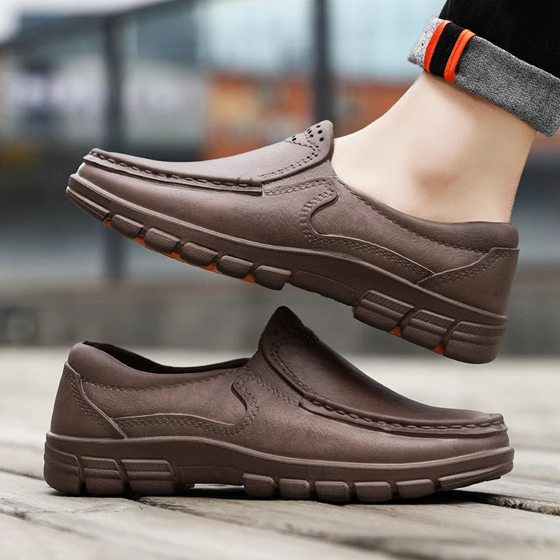 Men's non-slip waterproof casual leather shoes lace-up chef work shoes plus size men's shoes new 2024