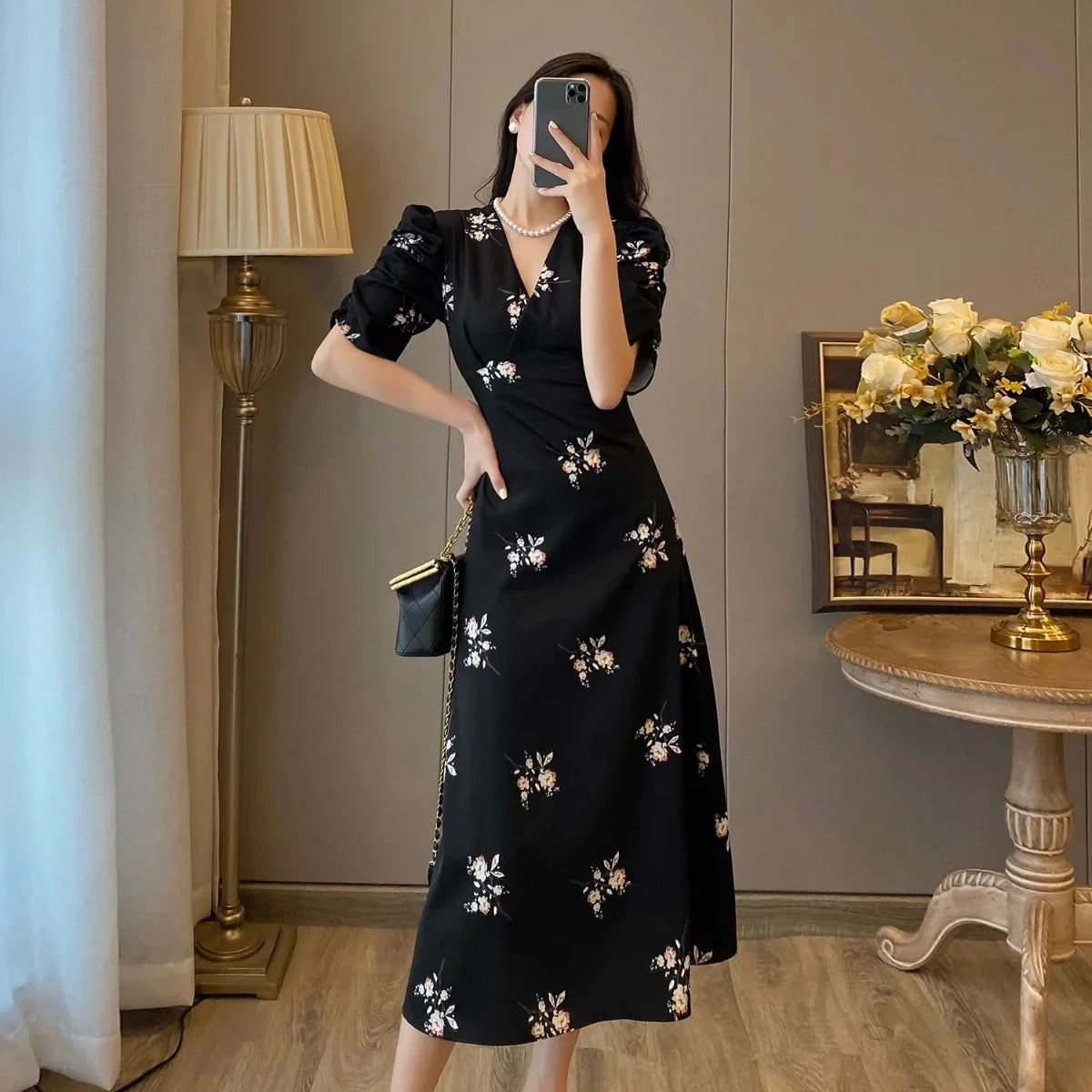 Spring Summer Chiffon Dress Women Casual Dresses Fashion Female Printed Floral V-neck Short Sleeve A-line Dresses Vestidos