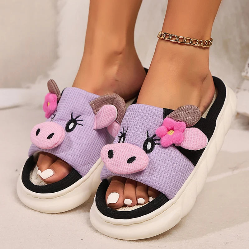 Cute Cow Thick Bottom Linen Slippers Women 2024 Winter Comfort Home Cotton Slippers Woman Flat Heels Non Slip Indoor Shoes Slide