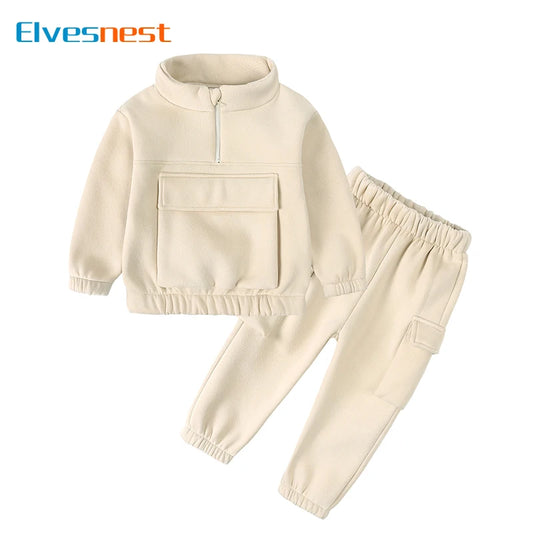 Winter Warm Kids Clothes Boys Outfit Set Cotton Long Sleeve Tops Pants 2PCS Fashion Solid Color Children Clothing 2-6 Years