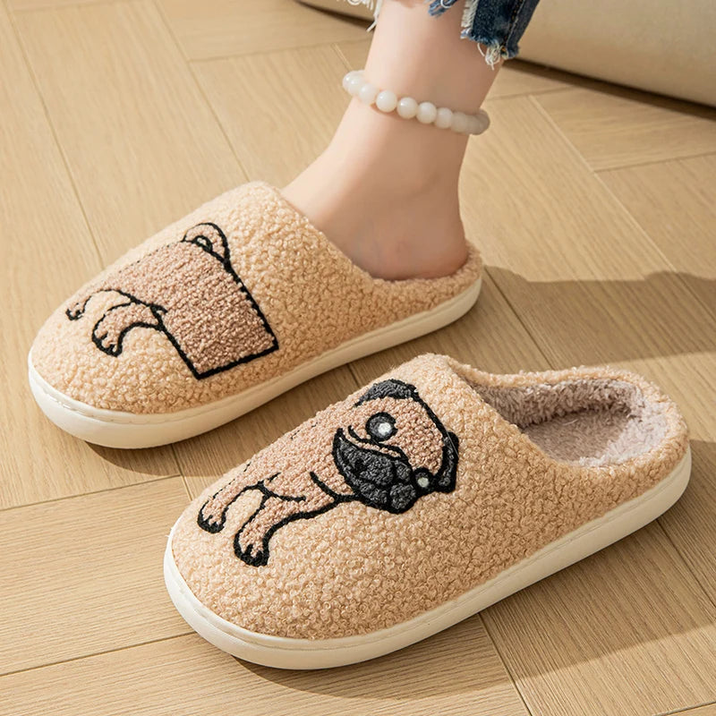 Cartoon Cat Puppy Embroidered Home Slippers Women 2024 Winter Closed Toe Cotton Slippers Woman Non Slip Flat Heels Indoor Shoes