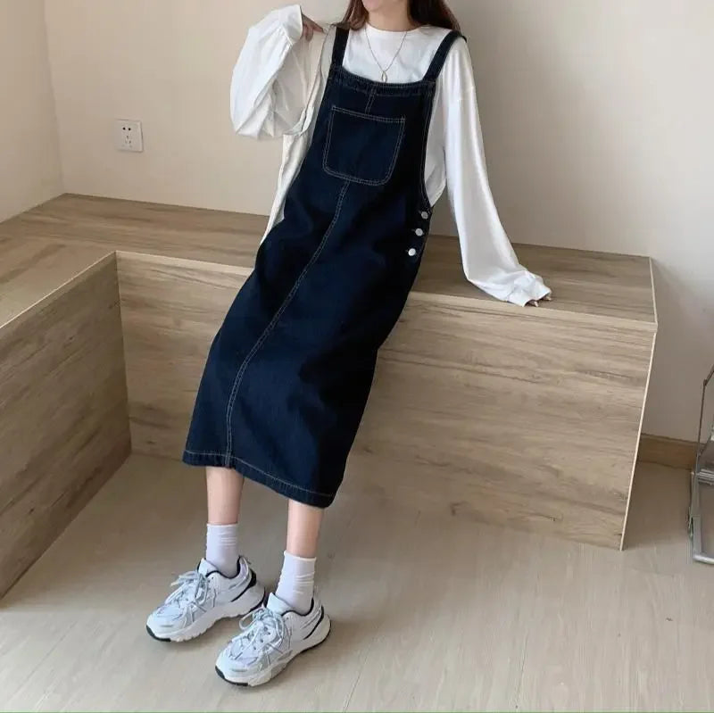 Spring Summer Denim Overall Dress Women Casual Sleeveless Jeans Dresses Fashion Solid Split Loose Spaghetti Strap Dresses Girls