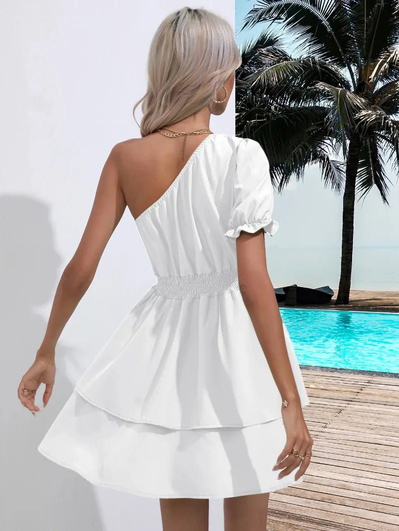 Summer Puff Sleeve One-Shoulder Women Dress Beach Pleated Ruffles Mini Woman Dresses Elastic Waist Diagonal collar Vestidos