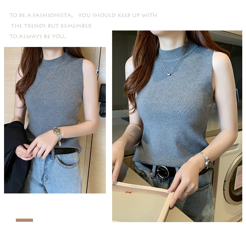 Women's T-Shirts Spring Summer Women Knitted Tank Sleeveless Shirts Tops Female High Elastic Slim Casual Knit T-Shirts Crop Tops