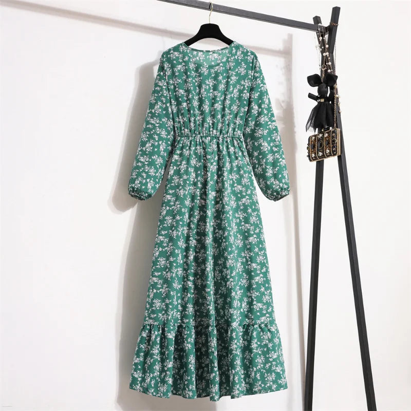 Autumn Spring Chiffon Dresses Fashion Female Full Sleeve Vintage Printed Floral Casual Long Dress Women Maxi Dresses Vestidoes