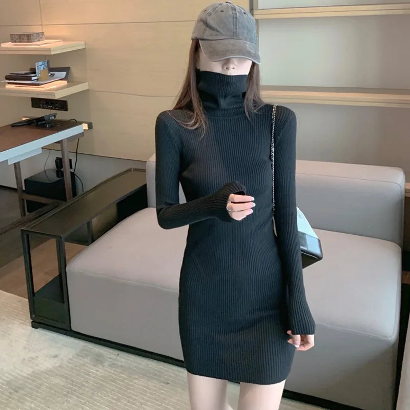 Autumn Winter Sweater Dresses Fashion Female Long Sleeve Skinny Elastic Casual Turtleneck Kintted Dress Women Sexy Mini Dresses