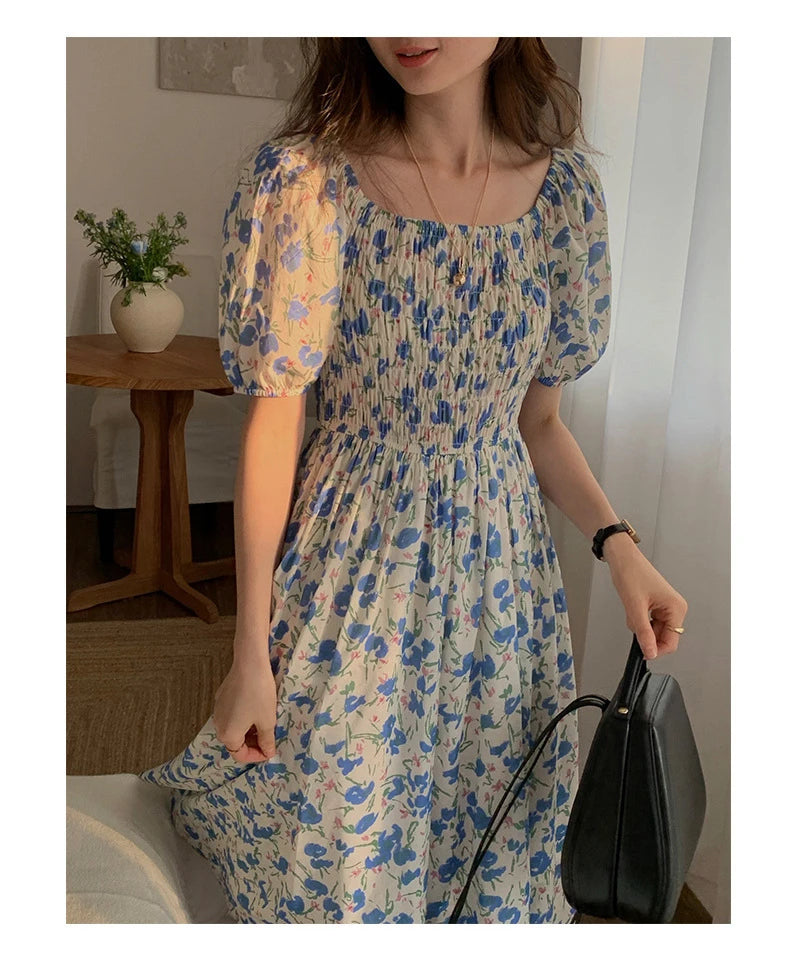 Spring Summer Printed Floral Dress Women Casual Dresses Elastic Waist Fashion Female Vestidos Short Sleeve A-line Dresses