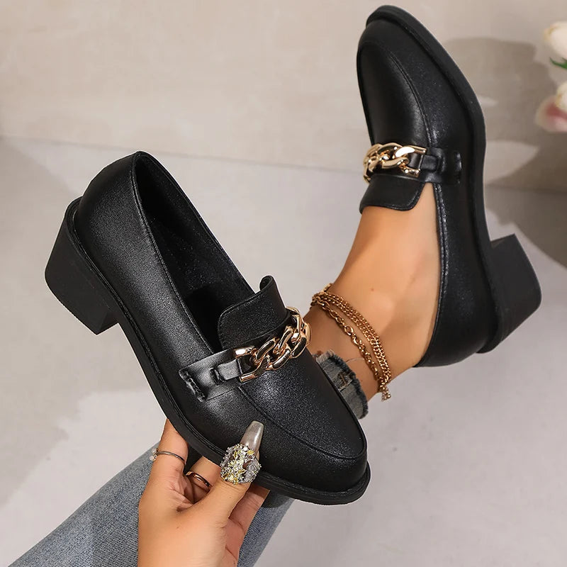 Metal Chain Black High Heels Loafers Woman 2024 Autumn Retro Pu Leather Thick Heel Pumps Woman Slip On Pointed Toe Casual Shoes