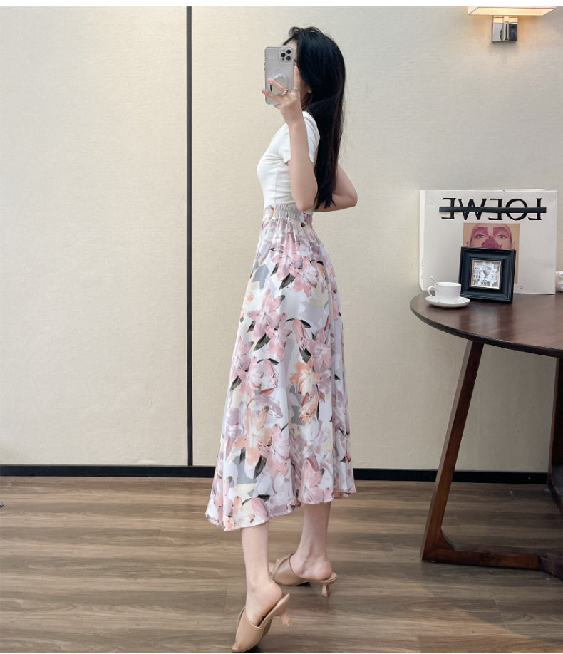 2022 Summer High Waist Women Skirts Casual Floral Printed Chiffon Woman Midi Skirts Bohemian Beach Holiday Long A-line Skirts