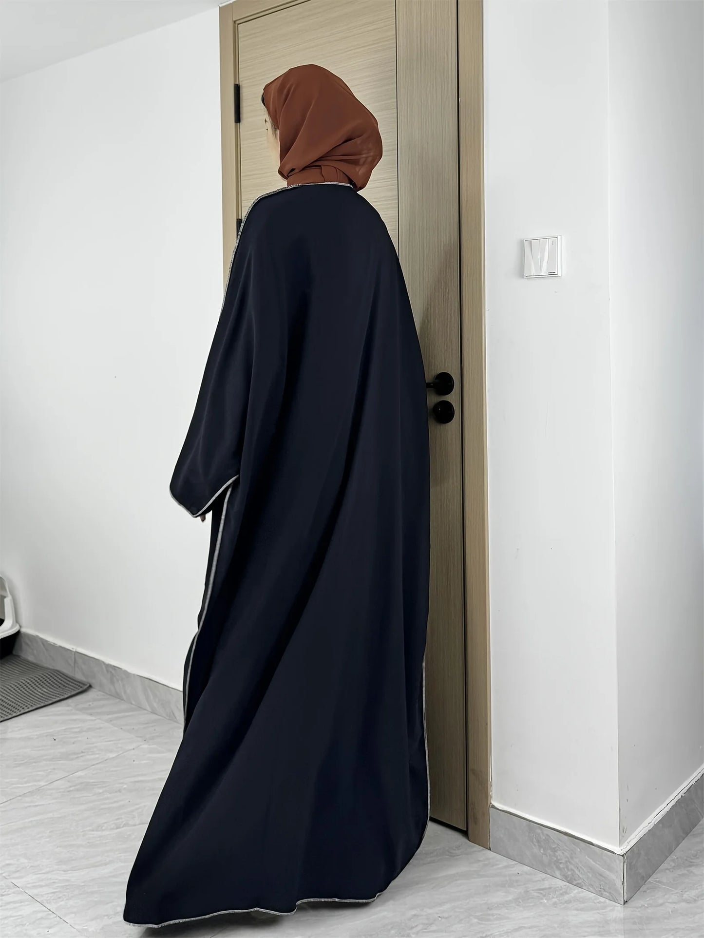 Ramadan Solid Open Front Simple Abayas, Elegant Long Sleeve Maxi Length Cover Up, Women's Clothing