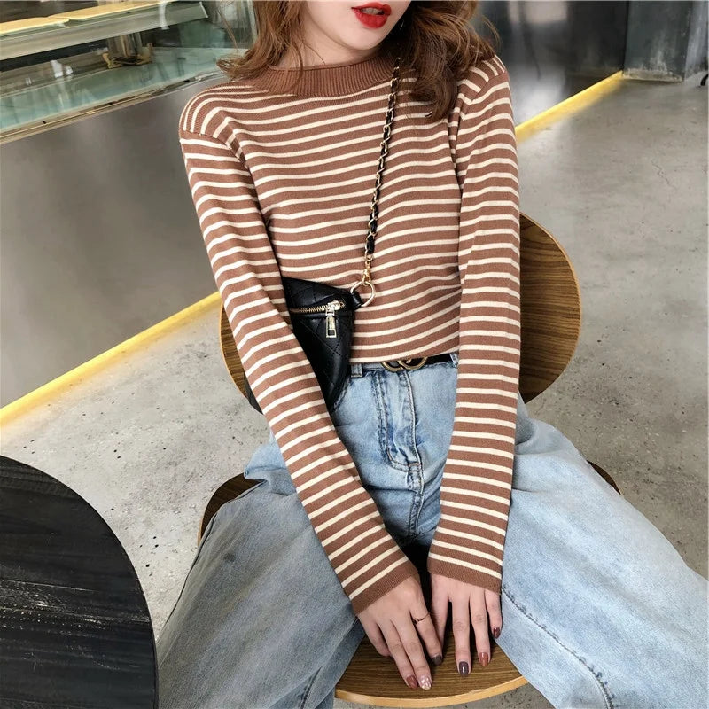 Autumn Winter Women Mock neck Sweaters Pullover Tops Fashion Female Skinny Elastic Long Sleeve Casual Striped Knitted Shirts