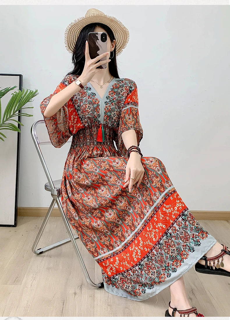 Print Floral Short Sleeve Maxi Dress Women Dresses Summer Spring V-neck Fashion Female Vintage Poplin Bohemian Beach Dresses