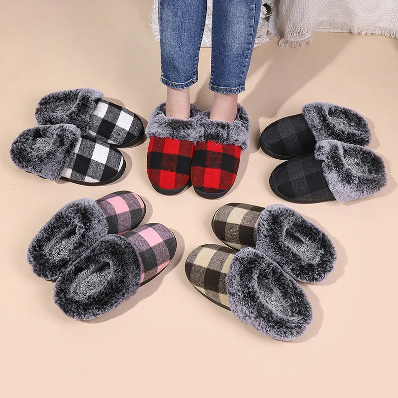 Plaid Thicken Plush Fur Slippers Women 2024 Winter Closed Toe Couple Home Slippers Woman Comfort Soft Sole House Shoes Slides