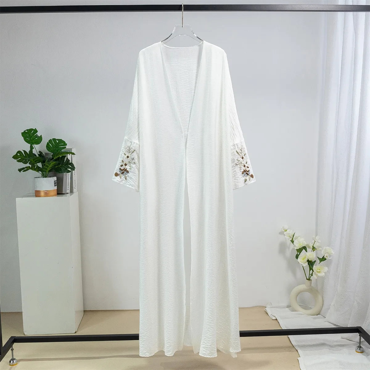 Embroidery Floral Open Front Abaya Muslim Kaftans Long Sleeve Loose Maxi Ramadan Prayer Dresses Islamic Clothing Muslim Jilbabs