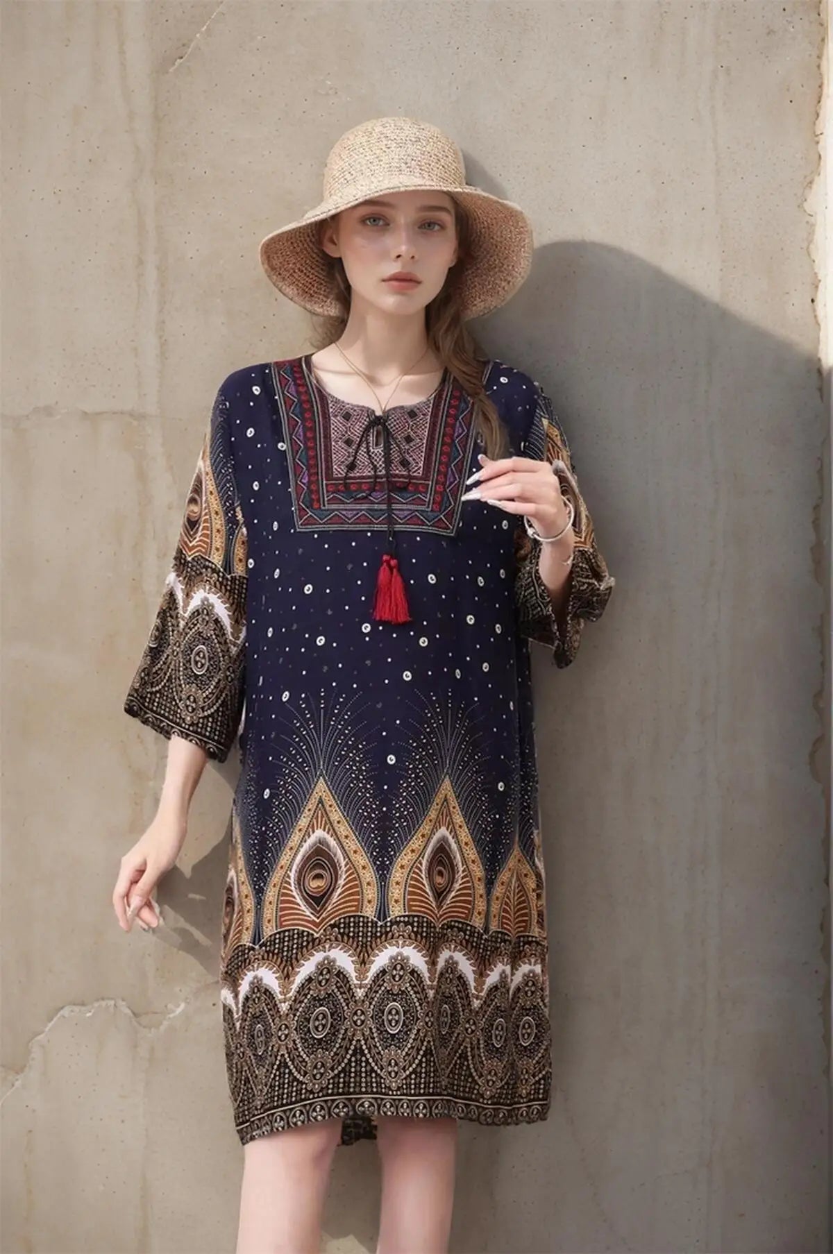 Print Floral Vintage Loose Dress Women Dresses Summer Spring Fashion Vestidos Short Sleeve Tassel Poplin Boho Mini Beach Dresses