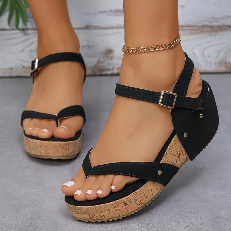 Camel Wedges Chunky Platform Sandals Women 2024 Summer Clip Toe Thick Bottom Gladiator Sandals Woman Ankle Buckle Beach Shoes